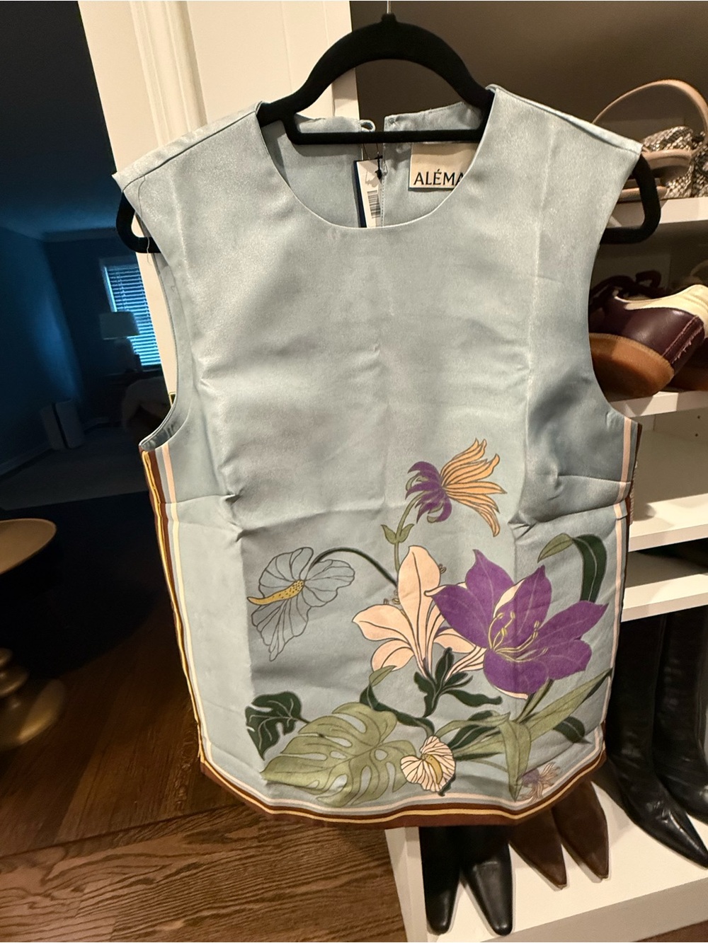Alemais Light Blue Floral Silk Tunic with Purple & Cream Accents